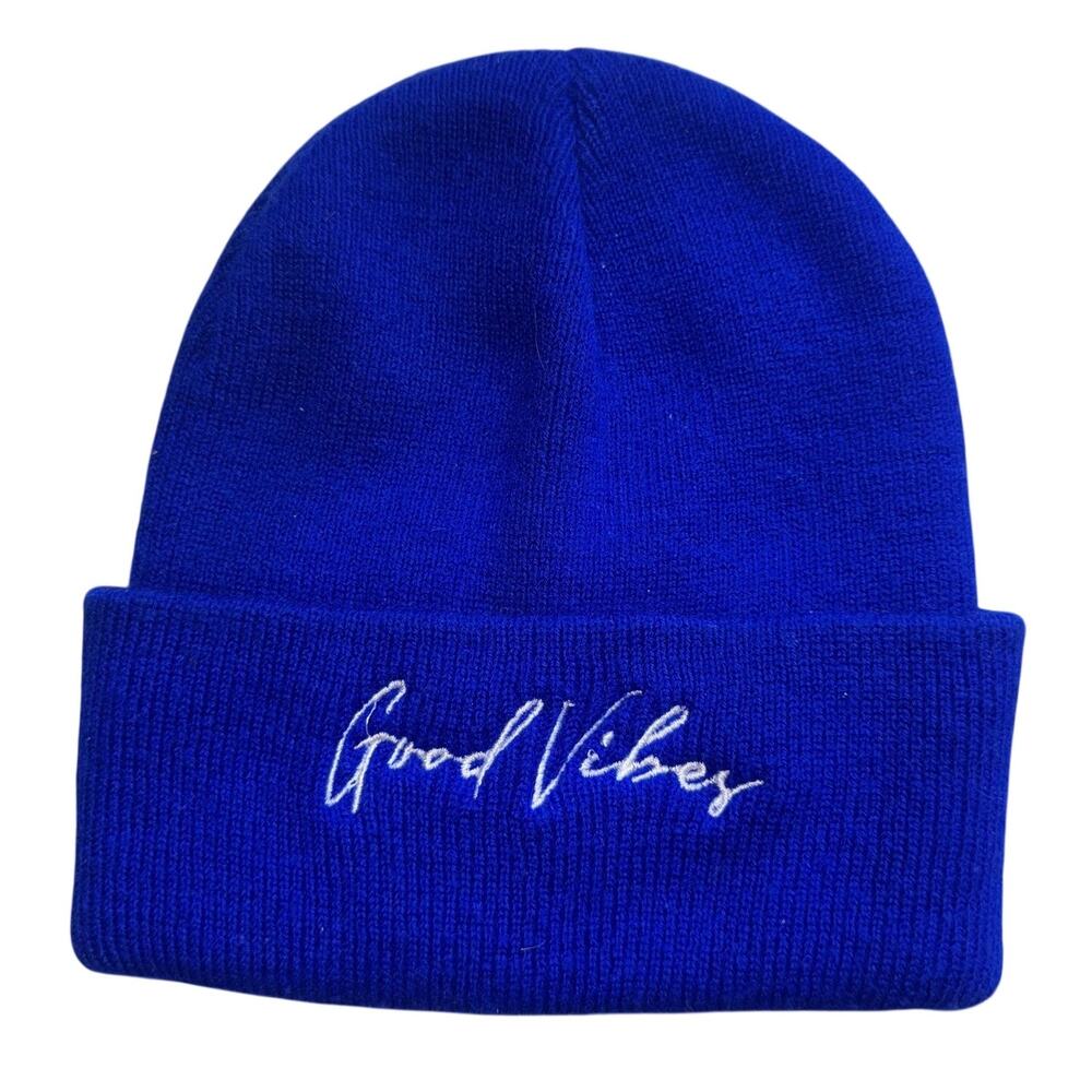 BLUE CUFFED BEANIE HAT GOOD VIBES EMBROIDERED KNIT WINTER CAP ONE SIZE